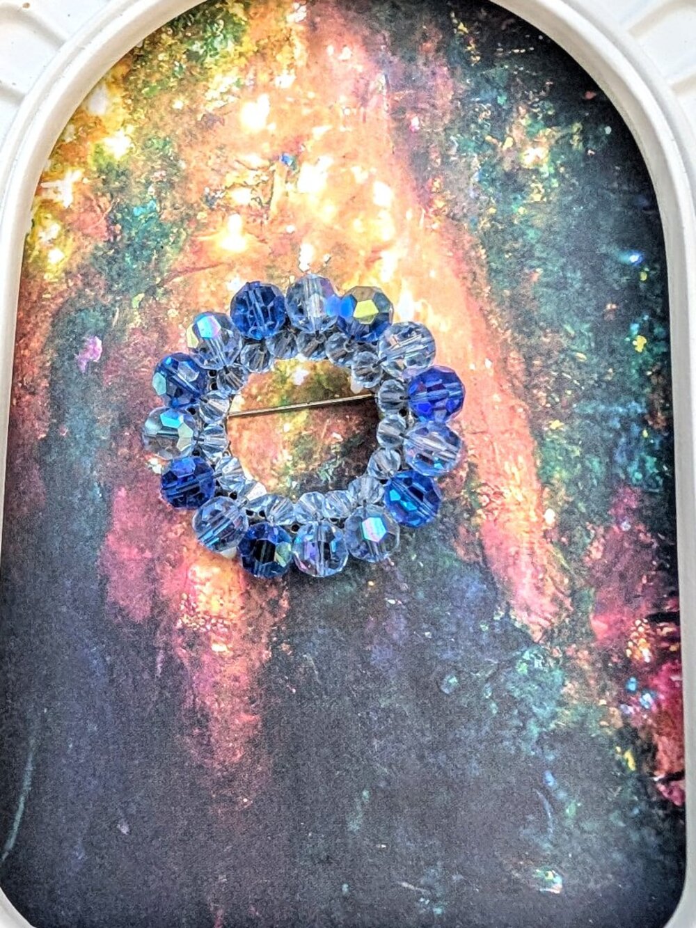 Mid-Century Blue Austrian Crystal Aurora Borealis Beaded Circle Brooch